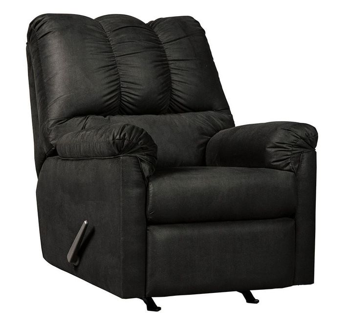 Full shot of a black recliner chair.    The chair has a dark, possibly black, fabric upholstery.  The back and cushions have a textured, slightly tufted appearance.    The armrests are well-padded and upholstered in the same material as the rest of the chair.    The chair has a rocking/gliding base.    Reclining mechanisms are visible, and the chair likely reclines and/or rocks.    The chair is presented against a plain white background, which allows the chair's color and design to stand out.