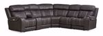 A dark gray or brown sectional sofa with a diamond-quilted pattern and light beige stitching.    The sofa is a contemporary style with multiple seating areas, including a corner section.  Reclining features are visible on the armrests and backrests.  Metal accents or hardware details are present on the recliner areas. The upholstery appears to be a leather or leather-like material. The image is well-lit and shows the sectional sofa from a full front view.