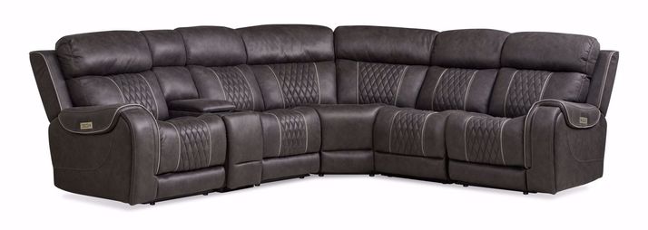 A dark gray or brown sectional sofa with a diamond-quilted pattern and light beige stitching.    The sofa is a contemporary style with multiple seating areas, including a corner section.  Reclining features are visible on the armrests and backrests.  Metal accents or hardware details are present on the recliner areas. The upholstery appears to be a leather or leather-like material. The image is well-lit and shows the sectional sofa from a full front view.