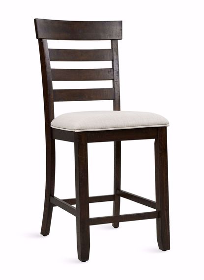 A wooden bar stool with a dark brown ladder-back design and a padded light beige seat cushion, shown on a white background.
