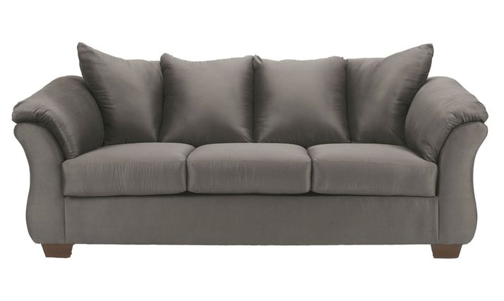 A three-seat couch, presented in a muted gray or taupe color.  The upholstery appears to be a smooth, possibly fabric-like material.  The couch has gently curved armrests and a slightly raised back, creating a comfortable and visually appealing profile.  The cushions are plump and appear to be well-filled.  The couch's legs are a dark, likely brown or espresso, wood tone. The couch is presented against a plain white background, focusing solely on the furniture piece.