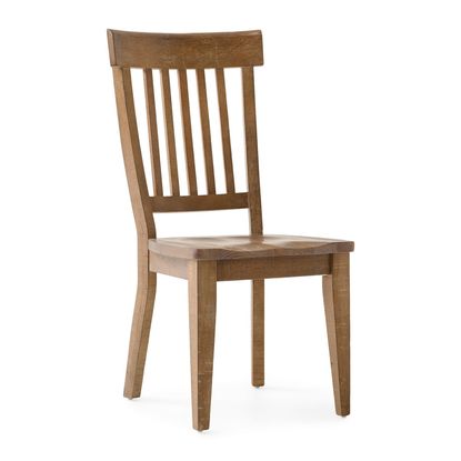 Full shot of a light brown wooden dining chair. The chair has a slatted back, a simple seat, and four slightly tapered legs.  The wood appears to have a natural, distressed or weathered finish, with visible wood grain patterns and some minor variations in tone. The chair is positioned centrally against a bright white background, with no shadows. The chair is in profile view, oriented with the seat facing the viewer.