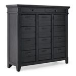 A tall, modern dresser made of dark-stained wood is displayed against a plain white background. The dresser features a sturdy, rectangular frame with a slightly raised top edge and a total of fourteen drawers Each drawer has a sleek,  metal handle in a contrasting dark finish. The wood grain is visible, adding texture to the smooth, matte black surface. The dresser stands on four angled legs, giving it a stable and elegant appearance, suitable for a bedroom or storage-focused space.