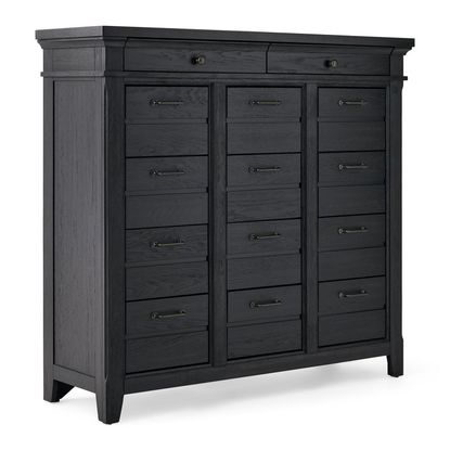 A tall, modern dresser made of dark-stained wood is displayed against a plain white background. The dresser features a sturdy, rectangular frame with a slightly raised top edge and a total of fourteen drawers Each drawer has a sleek,  metal handle in a contrasting dark finish. The wood grain is visible, adding texture to the smooth, matte black surface. The dresser stands on four angled legs, giving it a stable and elegant appearance, suitable for a bedroom or storage-focused space.