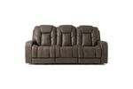 Full frontal view of a dark-gray, leather, power-reclining sofa. The sofa is a three-seater with two reclining sections. The sculpted armrests and back are prominent features, contributing to a contemporary design aesthetic. The background is pure white, making the sofa the sole focus of the image.