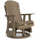 A brown, wooden Adirondack-style chair with a rounded backrest and wide armrests sits on a circular base, allowing it to swivel and rock. The chair features slatted construction and a slightly reclined design for comfort.