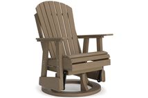 A brown, wooden Adirondack-style chair with a rounded backrest and wide armrests sits on a circular base, allowing it to swivel and rock. The chair features slatted construction and a slightly reclined design for comfort.