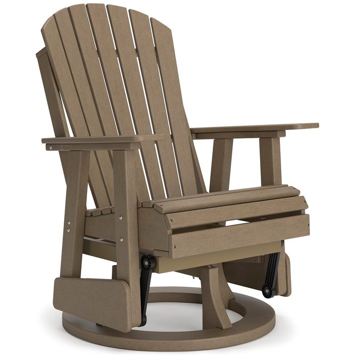 A brown, wooden Adirondack-style chair with a rounded backrest and wide armrests sits on a circular base, allowing it to swivel and rock. The chair features slatted construction and a slightly reclined design for comfort.