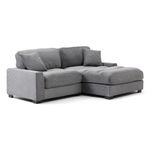 The Arizona Loveseat Chaise is a modern, L-shaped sectional sofa with a sleek, contemporary, and minimalist design. The sofa is upholstered in a soft, grey fabric with a subtle, vertical striped texture that adds a touch of visual interest. The sectional has a right-facing chaise lounge, extending from the main seating area, which provides a comfortable spot for lounging or reclining. The sofa's structure includes thick, cushioned armrests on both ends, offering a cozy and supportive feel. The backrest is composed of large, tufted cushions that align with the seat cushions below, creating a uniform and plush appearance. The seat cushions are deep and tufted as well, suggesting a comfortable seating experience. Additionally, the sofa comes with two matching throw pillows, also in the same grey, striped fabric, placed on the backrest for extra comfort and aesthetic appeal. The sofa sits on small, square, black feet that provide a slight elevation from the floor, giving it a clean and grounded look. 