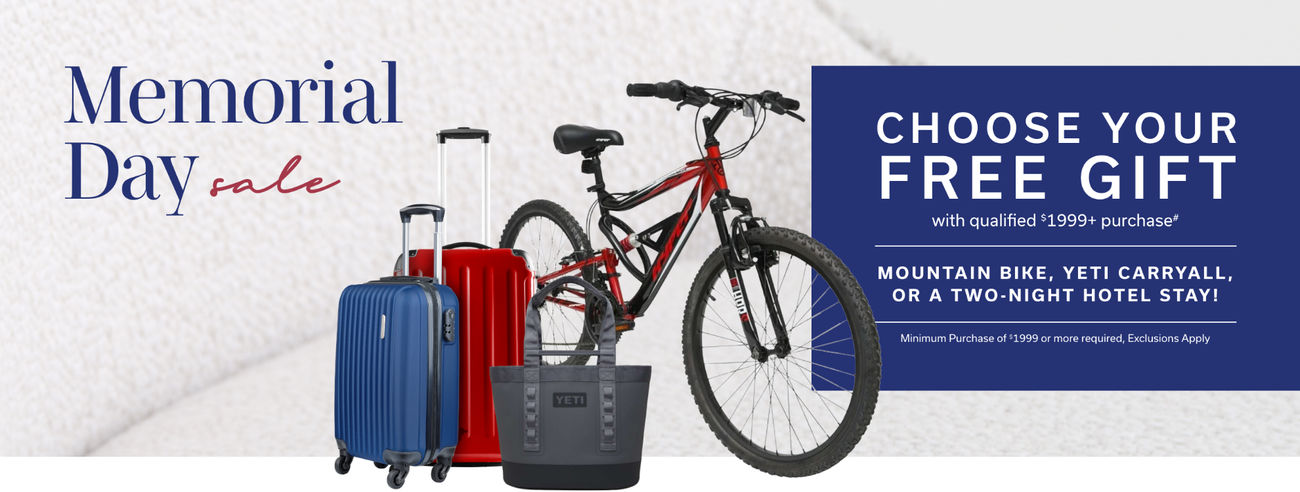 Memorial Day Sale | Choose Your Free Gift with any $1999+ Purchase | Mountain Bike, Yeti Carryall, or a Two-Night Hotel Stay! | Minimum Purchase of $1999 or more required, Exclusions Apply