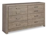 A light gray-brown wooden dresser with eight drawers.  The dresser has a slightly textured, wood-grain appearance.  The drawers all have matching, horizontal, dark gray metal handles.  The dresser has a simple, slightly raised, rectangular frame around the top and bottom edges.