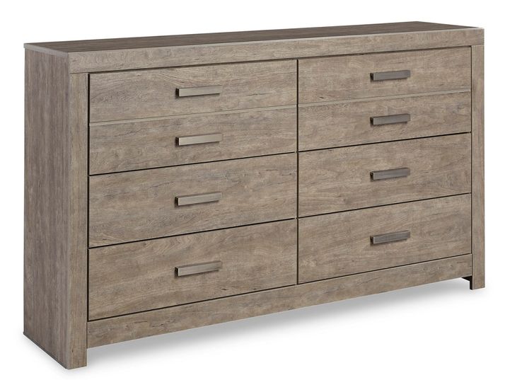 A light gray-brown wooden dresser with eight drawers.  The dresser has a slightly textured, wood-grain appearance.  The drawers all have matching, horizontal, dark gray metal handles.  The dresser has a simple, slightly raised, rectangular frame around the top and bottom edges.
