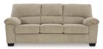 Full shot of a light beige or cream-colored three-seater sofa. The sofa has a corduroy-like textured fabric, with subtle vertical ribbed lines. The upholstery is a consistent tone. The sofa's arms are slightly flared and rounded, with a slightly tufted or quilted effect on the back and seat cushions. It has a classic, simple design with no embellishments. The sofa's legs are a dark, slightly brownish black color and are of a contemporary, slightly tapered design. The sofa is presented against a pure white background, which allows the color and details of the sofa to stand out clearly.