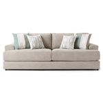 A light beige or taupe colored sofa is centered against a white background.    The sofa is a standard, two-seat style with a low-profile design.    The upholstery appears to be a textured fabric.   The sofa is adorned with a set of decorative throw pillows in muted shades of teal, beige, and white, featuring patterned designs. The pillows are layered and nestled on the sofa's back cushions.   The sofa's legs are a darker shade of taupe or black and are minimal in style.
