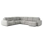 A light gray, sectional sofa is centered against a plain white background.    The sofa is an L-shape with a chaise lounge section extending from the main seating area. The upholstery appears to be a textured fabric with a subtle quilted pattern.  Each end of the sofa has padded armrests. A small, recessed storage space is visible in a section of the sofa.    The sofa is presented in a way that showcases its shape and style, and the soft light gray color makes it stand out.