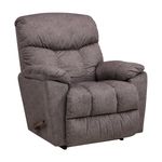 The Morrison Rocker Recliner is a gray recliner chair that has a tufted, slightly textured upholstery.  Armrests are prominent, and the chair's back is curved with padded cushioning. The chair is in a reclined position. The base of the chair is a darker shade of the same color as the upholstery. The chair's overall tone is a muted, neutral gray.