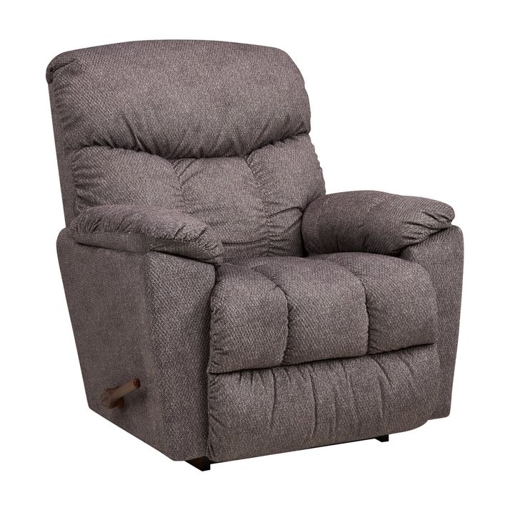 The Morrison Rocker Recliner is a gray recliner chair that has a tufted, slightly textured upholstery.  Armrests are prominent, and the chair's back is curved with padded cushioning. The chair is in a reclined position. The base of the chair is a darker shade of the same color as the upholstery. The chair's overall tone is a muted, neutral gray.