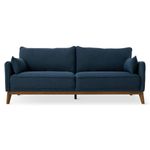 A navy blue sofa with light brown wooden legs.  The sofa is a standard three-seater design with a slightly curved backrest and armrests.  The fabric appears to be a smooth, upholstery-grade material. The sofa is presented against a plain white background, allowing for a clear view of its form and color.