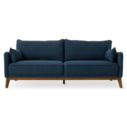 A navy blue sofa with light brown wooden legs.  The sofa is a standard three-seater design with a slightly curved backrest and armrests.  The fabric appears to be a smooth, upholstery-grade material. The sofa is presented against a plain white background, allowing for a clear view of its form and color.