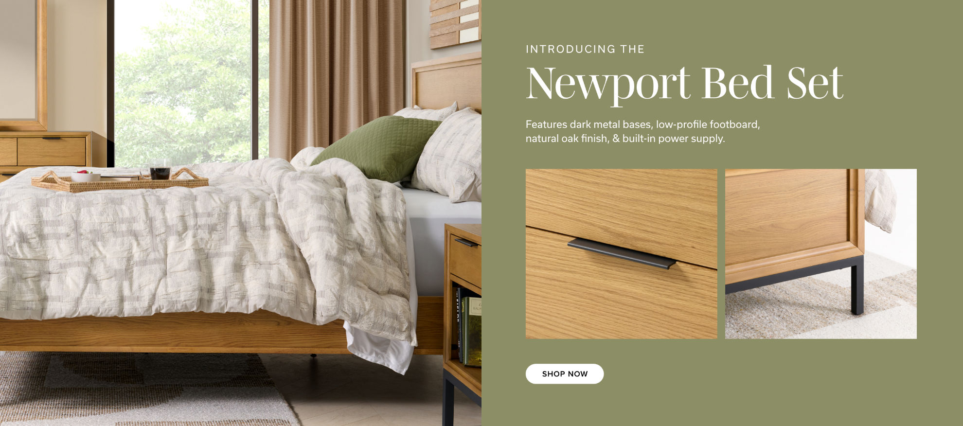 Introducing the Newport Bed Set | Features dark metal bases, low-profile footboard, natural oak finish, & built-in power supply. | Shop Now