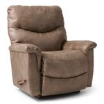 Full shot of a light taupe-colored recliner.    The chair is made of a textured, leather-like material that appears to have a slightly distressed or aged look. The cushioning is substantial, especially in the seat and back, and the seat depth appears quite generous.    The recliner has armrests with rounded edges, and the chair's base appears to have a wooden or wood-toned finish.  It's positioned centrally in the image against a plain white background, allowing the chair to be the focus.