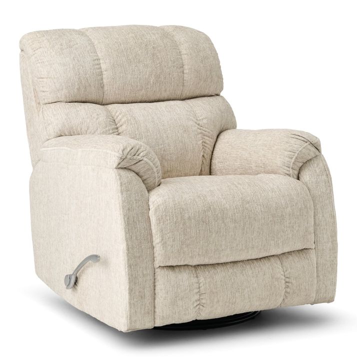 A beige upholstered recliner chair with a padded backrest, armrests, and a lever on the side for reclining.