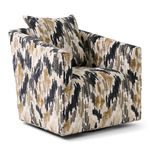 A swivel armchair is shown.   The chair has a low-profile design with substantial armrests. Its upholstery features a patterned fabric in shades of beige, cream, black, and gray. The pattern resembles a modern ethnic or tribal print, with abstract designs and swirling lines.   The chair is positioned facing the viewer, and is isolated against a plain white background.