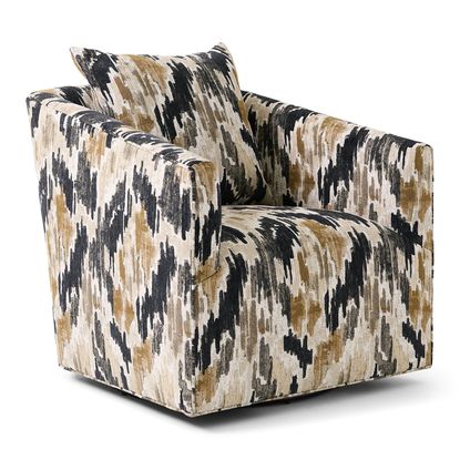 A swivel armchair is shown.   The chair has a low-profile design with substantial armrests. Its upholstery features a patterned fabric in shades of beige, cream, black, and gray. The pattern resembles a modern ethnic or tribal print, with abstract designs and swirling lines.   The chair is positioned facing the viewer, and is isolated against a plain white background.