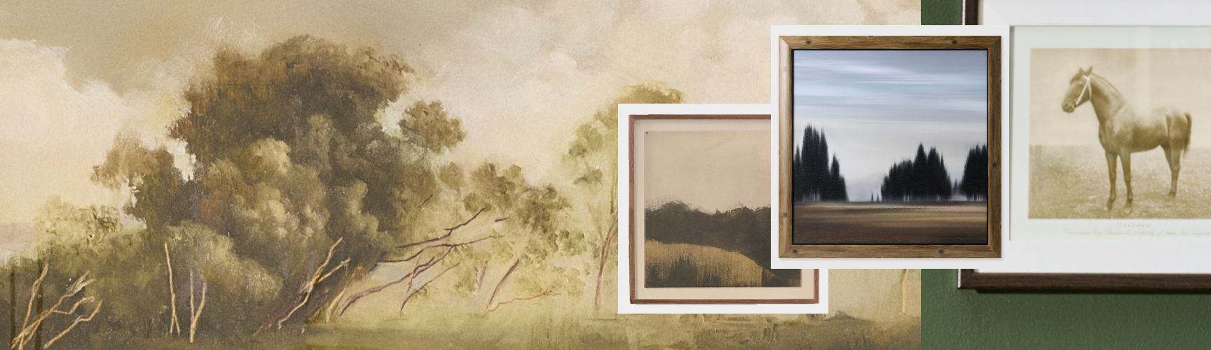 An art collage of realistic and abstract landscapes alongside an animal portrait.