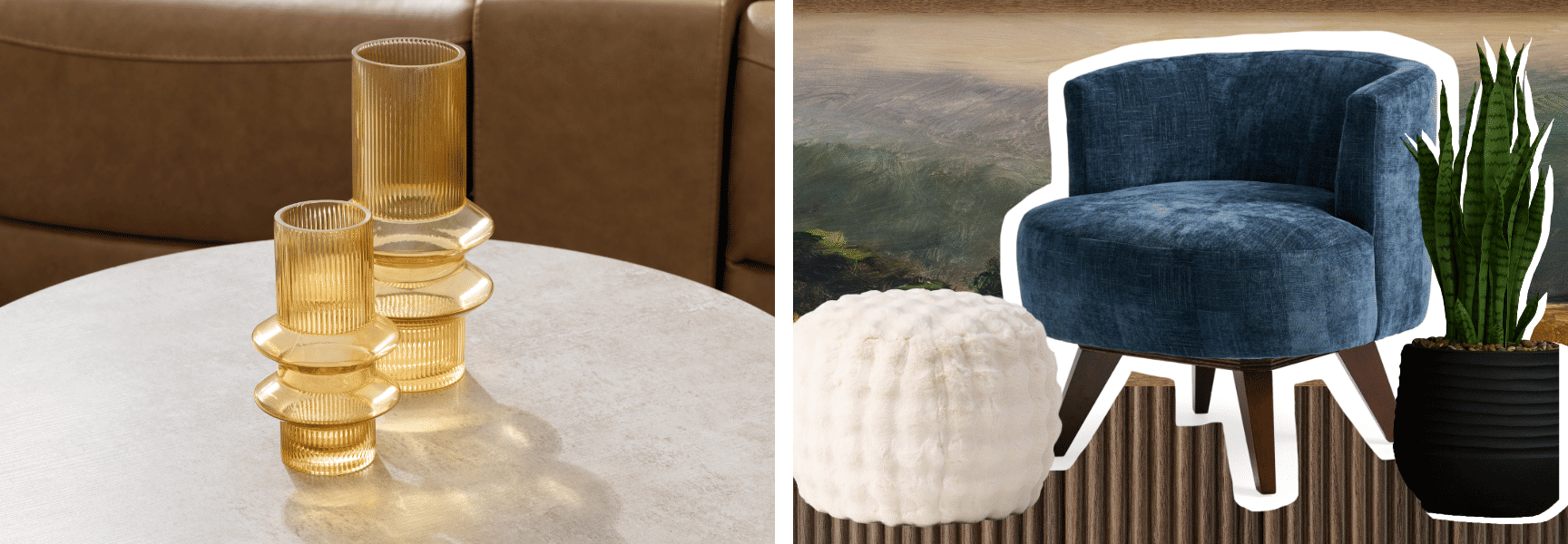 Two vases set on a curved coffee table, next to a collage of curved furniture.