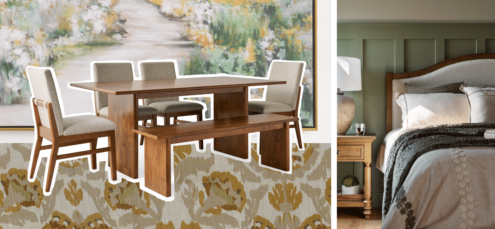 A collage featuring a warm, earth-toned dining set alongside a neutral bedroom.