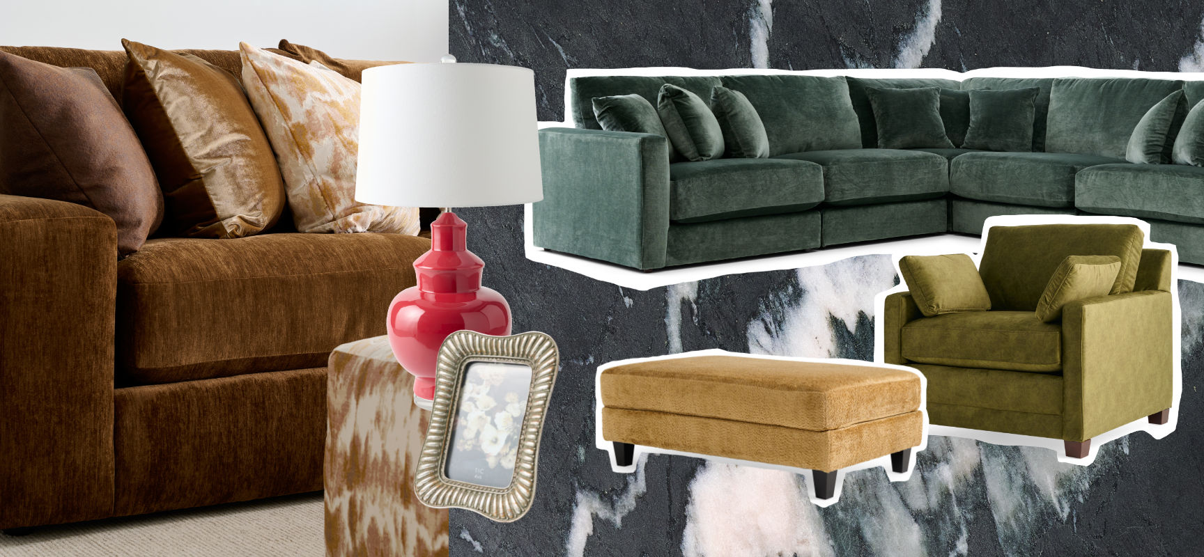 A collage of jewel-toned furniture and home decor.