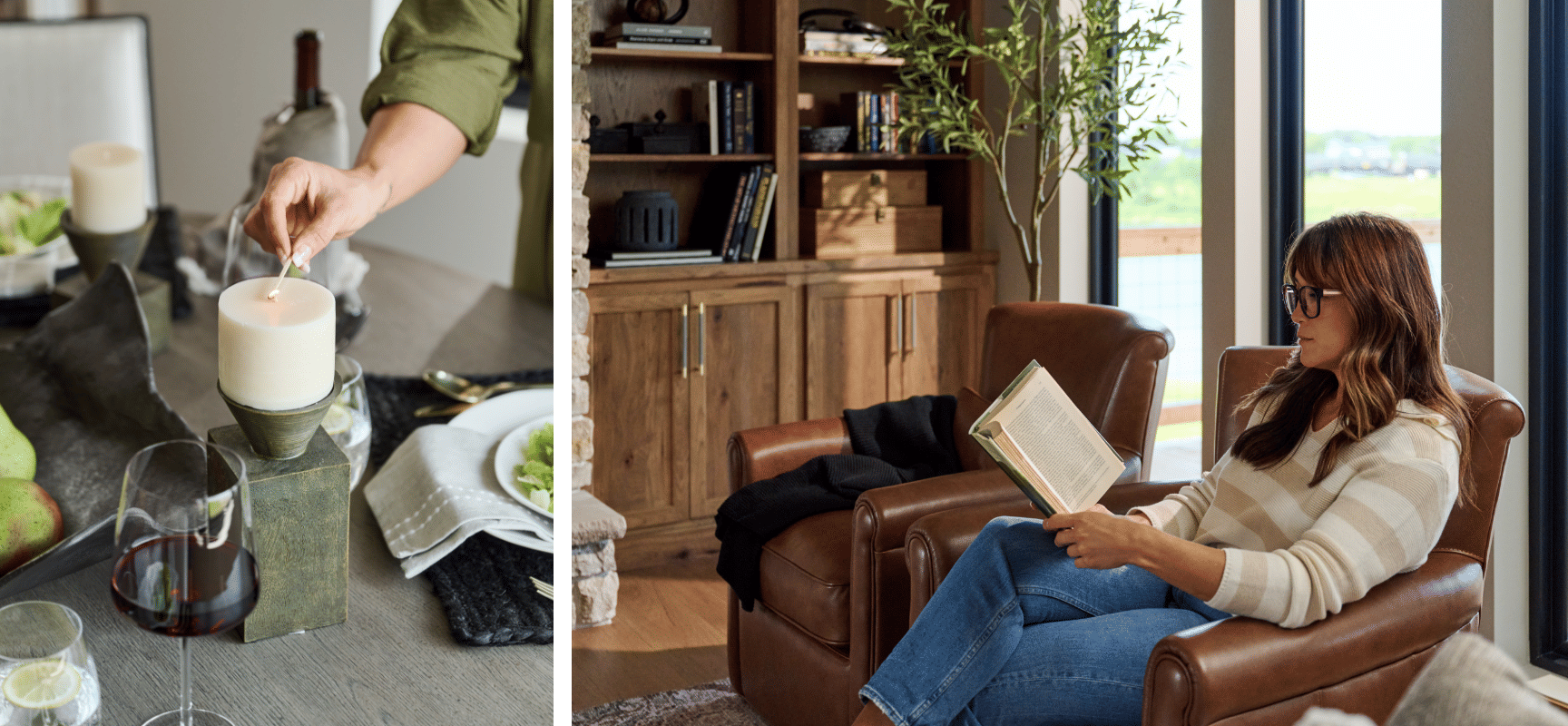 Image on the left showing a candle being lit; image on the right showing a woman reading a book.