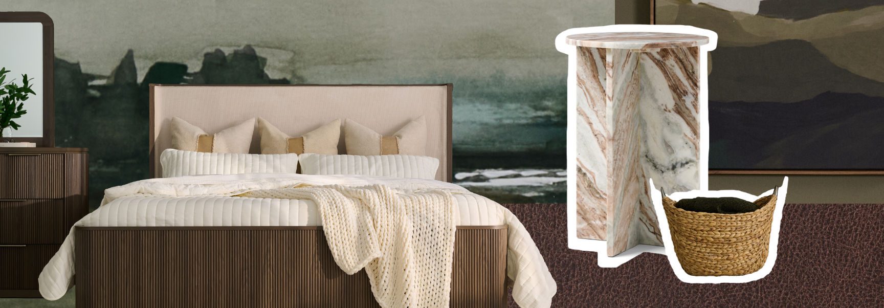 A collage of home furniture and decor with natural textures and materials.