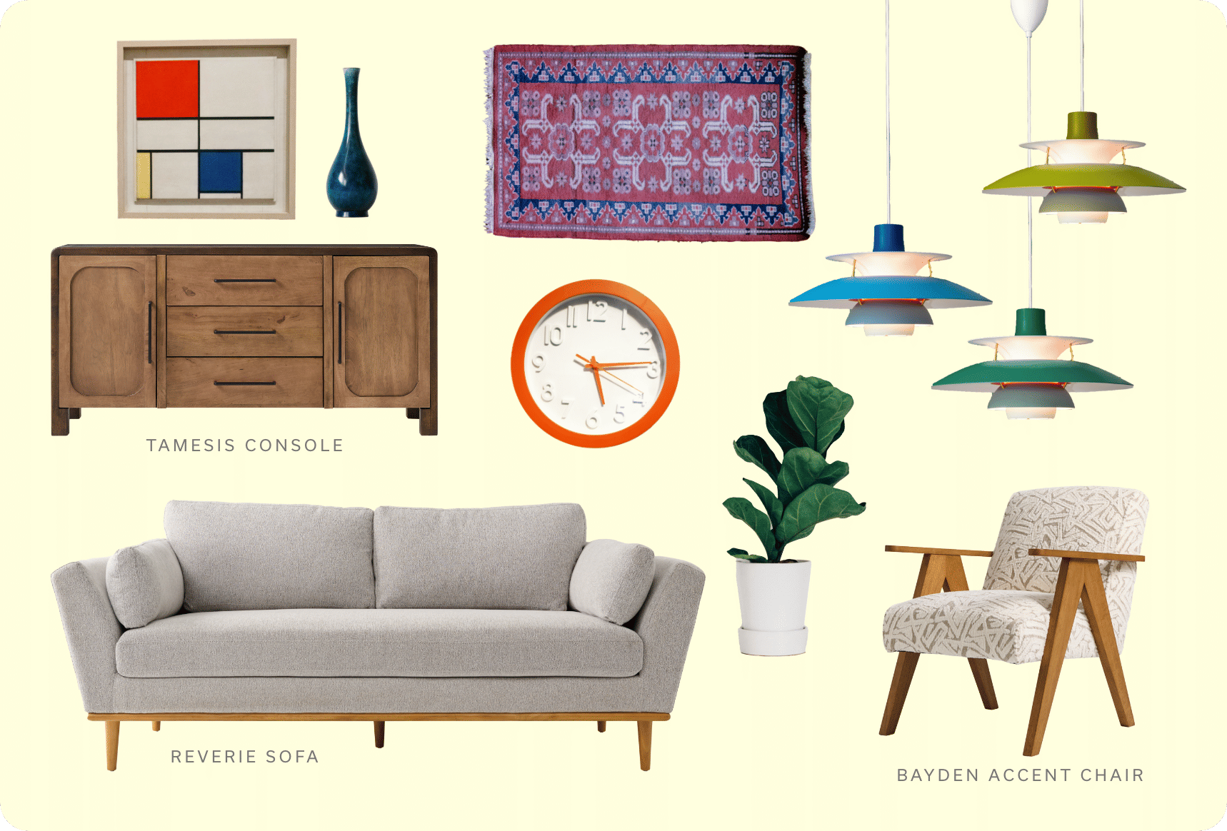 A collage of home furniture featuring bold color palettes, silhouettes, and statement pieces.