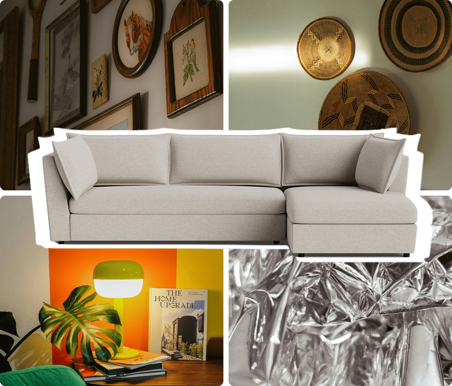 A collage of home furniture featuring Grandmillenial, Bohemian, Kitsch, and Y2k inspiration.