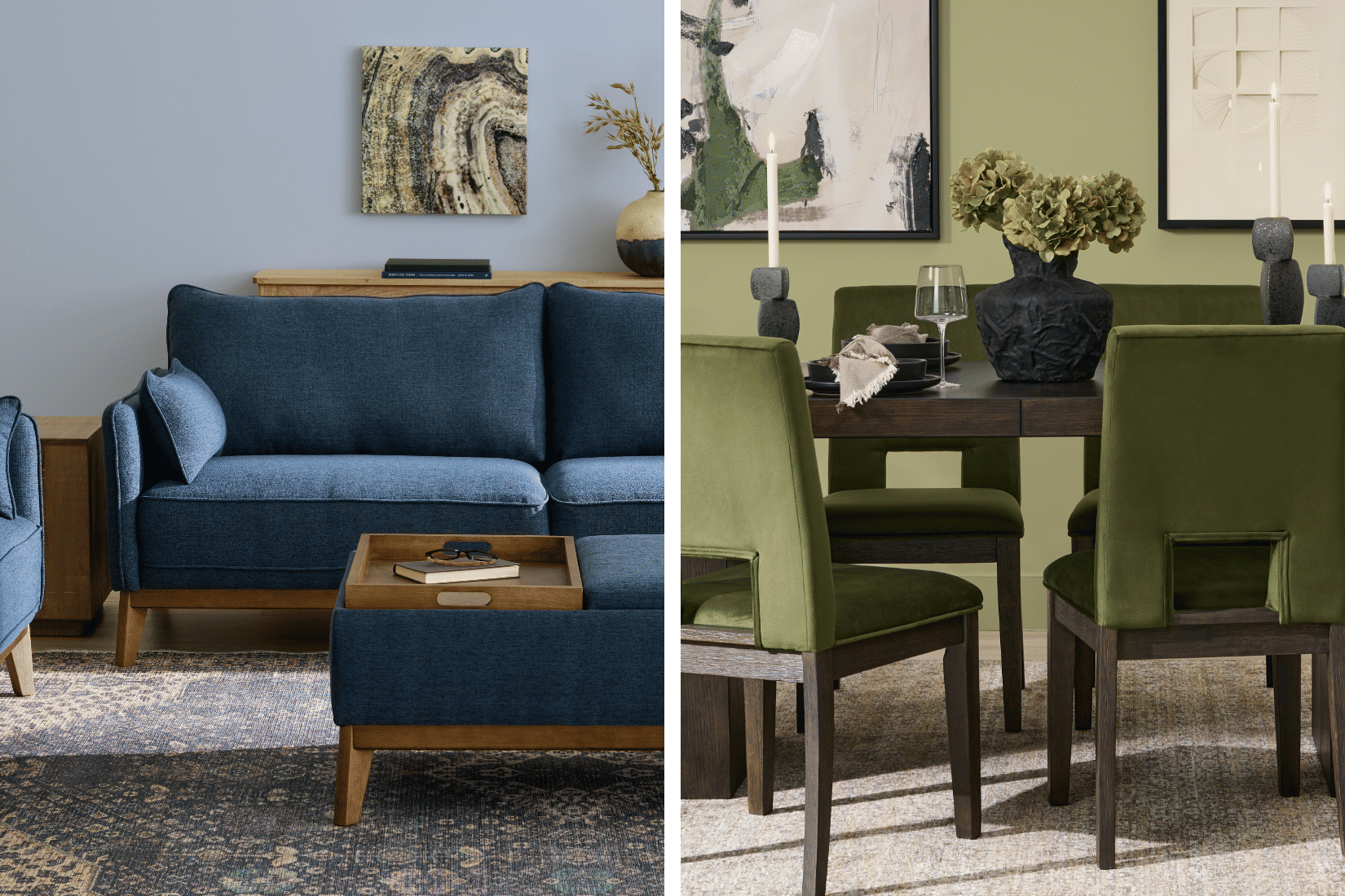A split image showing a living room with a blue sofa and ottoman on the left, and a dining room with a dark wood table and green velvet chairs on the right.