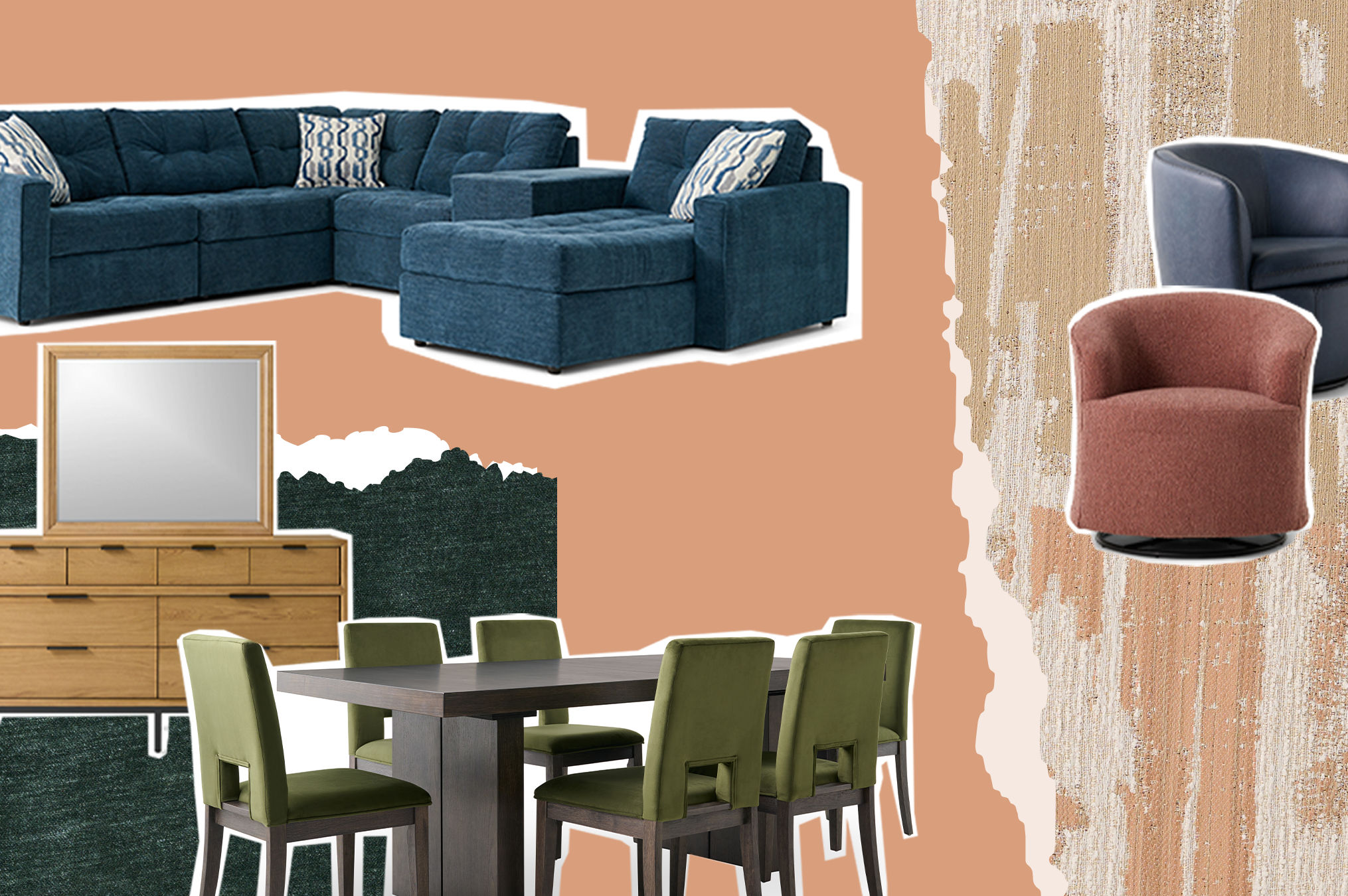 A collage featuring various pieces of furniture, including a blue sectional, a wooden dresser with a mirror, green dining chairs around a dark table, and two accent chairs, all against a textured background.