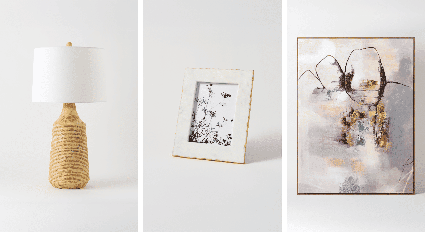 A collage of home decor items features a woven table lamp, a marble photo frame, and an abstract pastel painting against a white background.