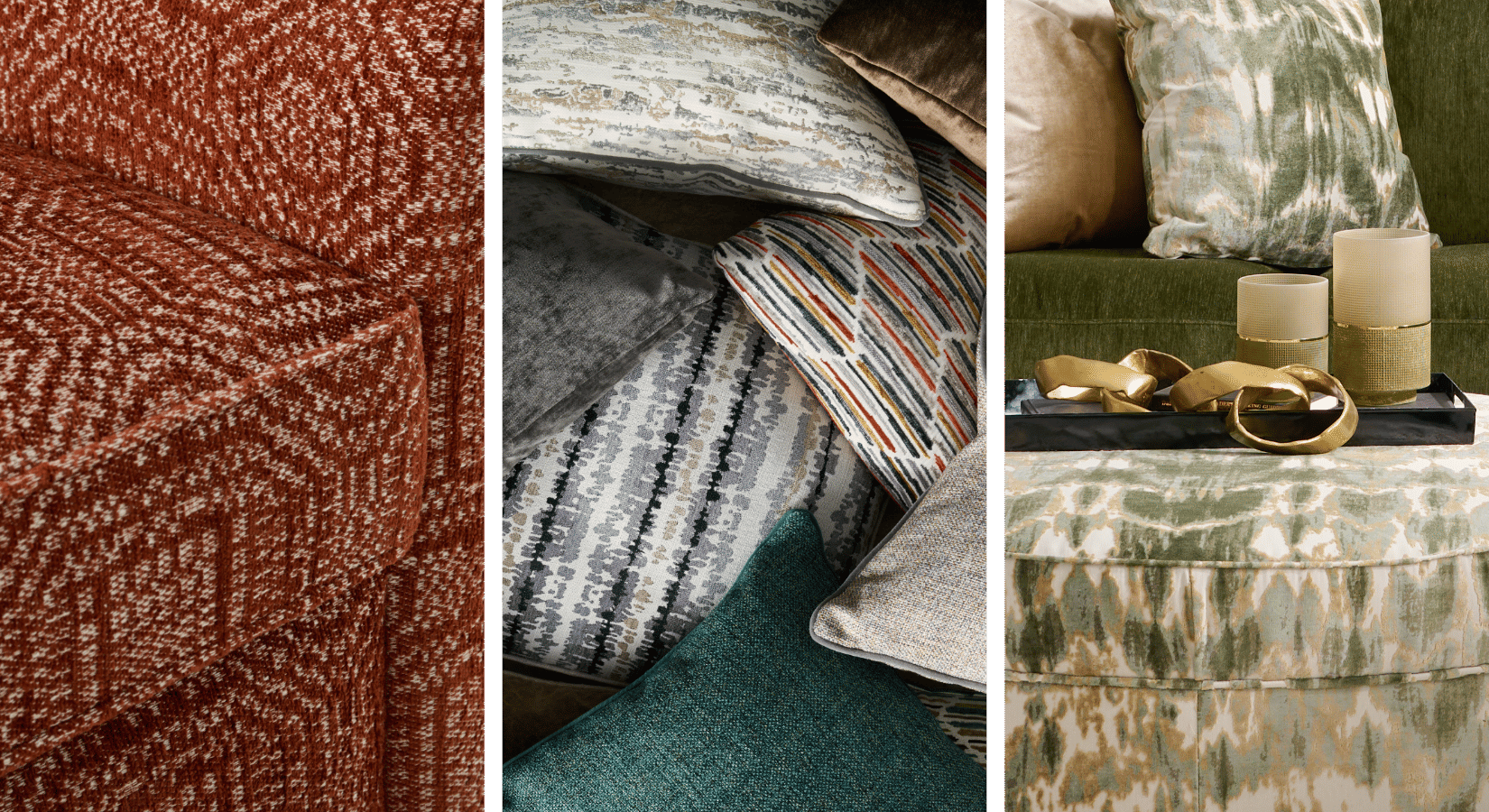 A close-up collage showcases richly textured fabrics, patterned pillows, and metallic gold accents in a cozy, modern decor setting.
