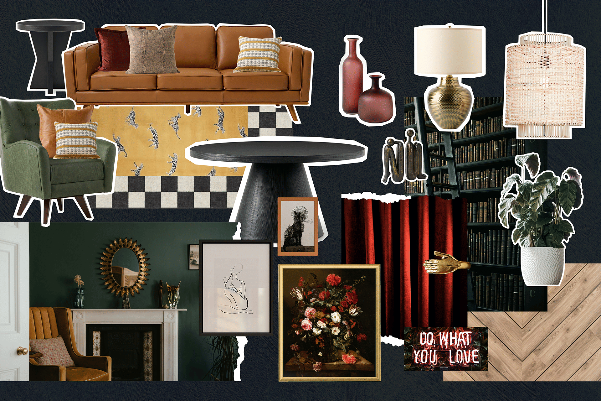 A mood board showcasing a maximalist style using various home decor elements, including an orange leather sofa, green armchair, tables, lamps, artwork, a bookshelf, and a neon sign, arranged against a dark background.